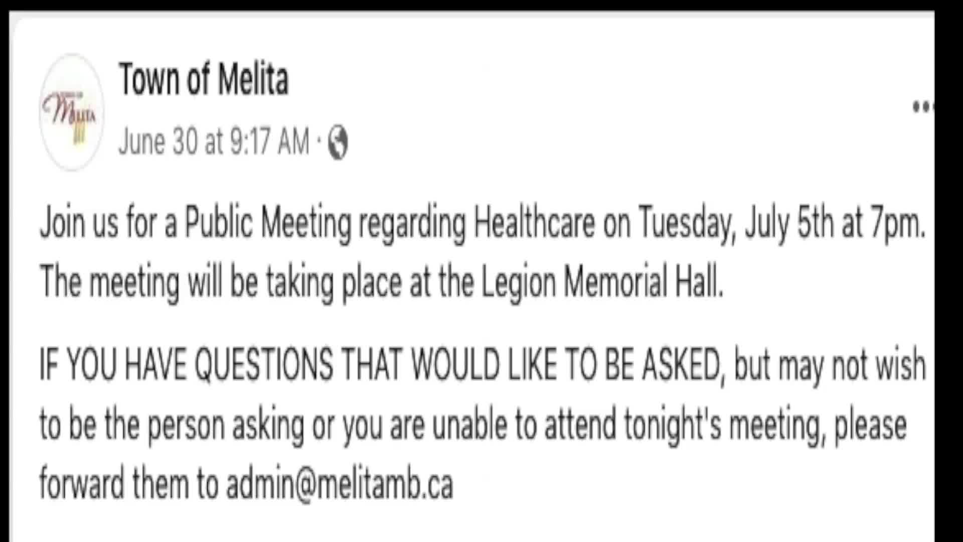 Thumbnail image for Melita Public Meeting about our Health Care July 5 2022